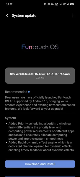 iQOO Z9s Receives FuntouchOS 15 update (Android 15)